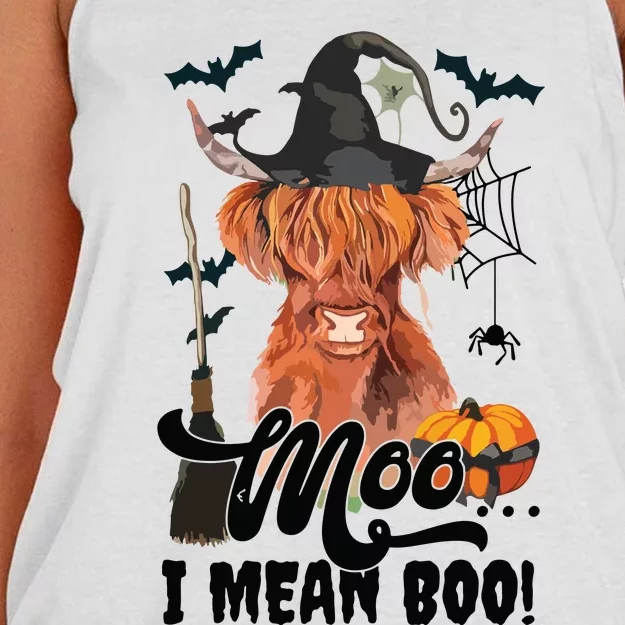 Moo I Mean Boo Witch Scottish Highland Cow Halloween Costume Long Sleeve Women's Knotted Racerback Tank