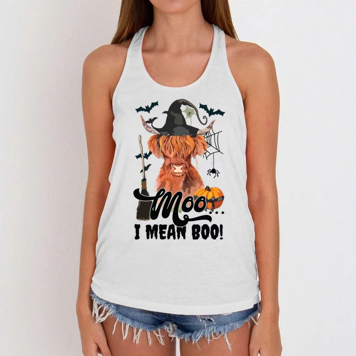 Moo I Mean Boo Witch Scottish Highland Cow Halloween Costume Long Sleeve Women's Knotted Racerback Tank