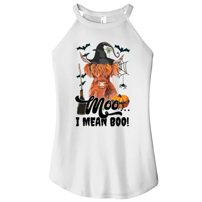 Moo I Mean Boo Witch Scottish Highland Cow Halloween Costume Long Sleeve Women’s Perfect Tri Rocker Tank