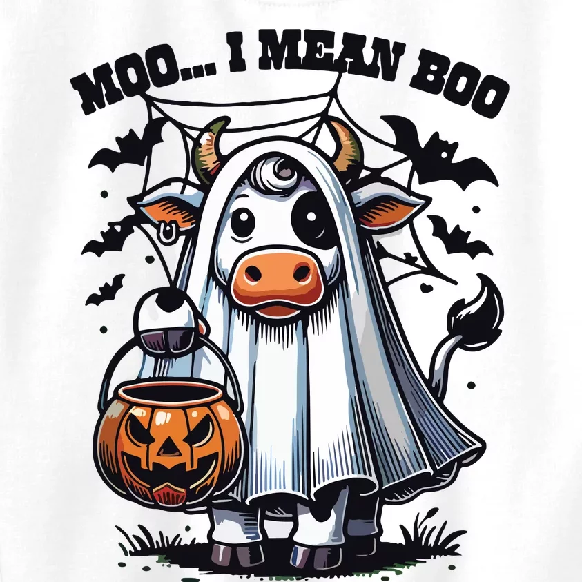 Moo I Mean Boo Witch Scottish Highland Cow Halloween Raglan Baseball Kids Sweatshirt