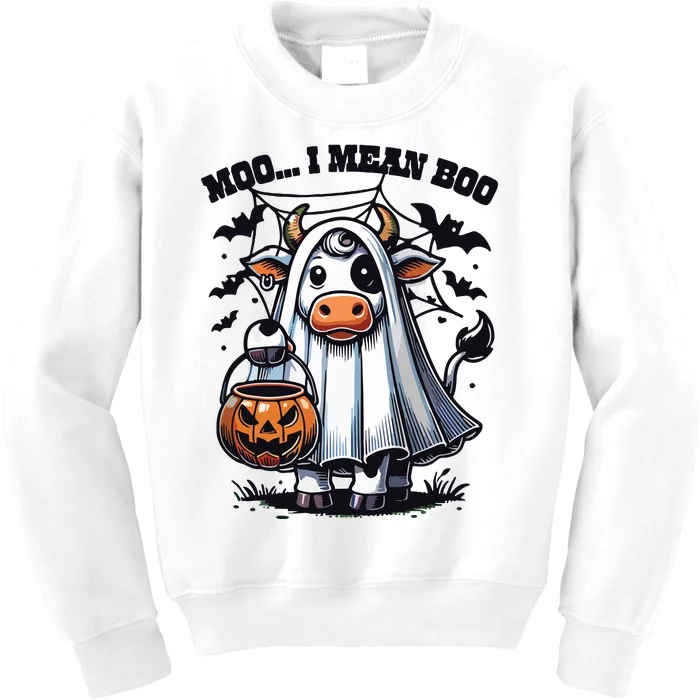 Moo I Mean Boo Witch Scottish Highland Cow Halloween Raglan Baseball Kids Sweatshirt