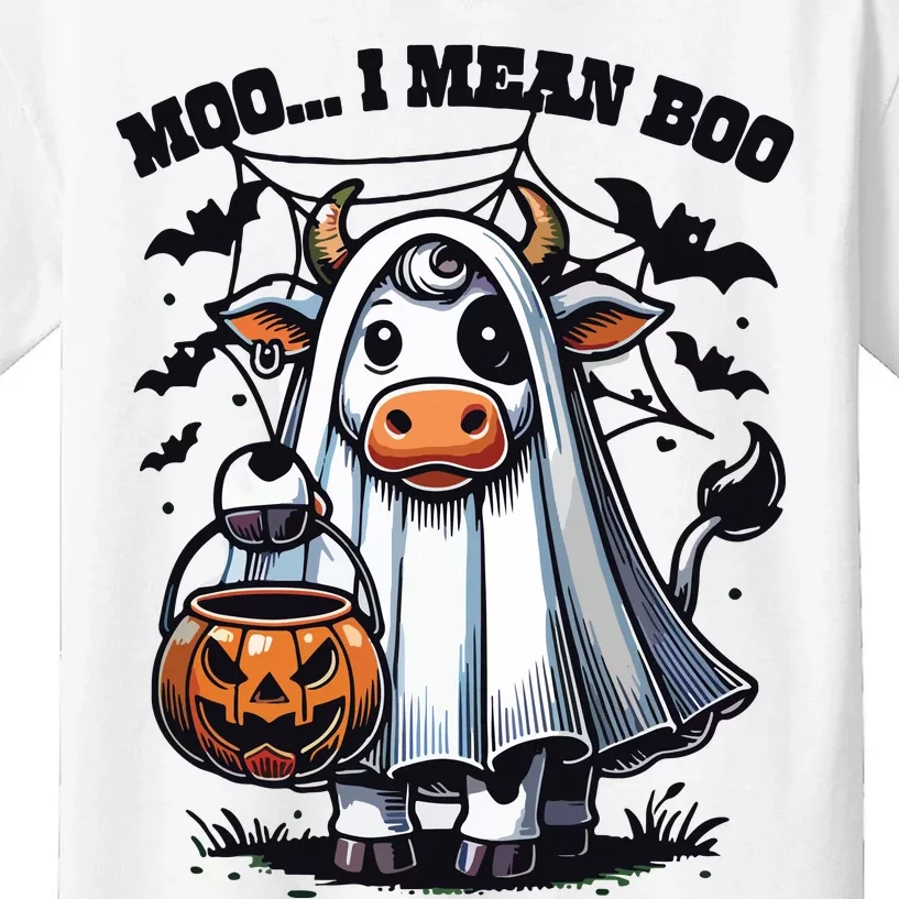 Moo I Mean Boo Witch Scottish Highland Cow Halloween Raglan Baseball Kids T-Shirt