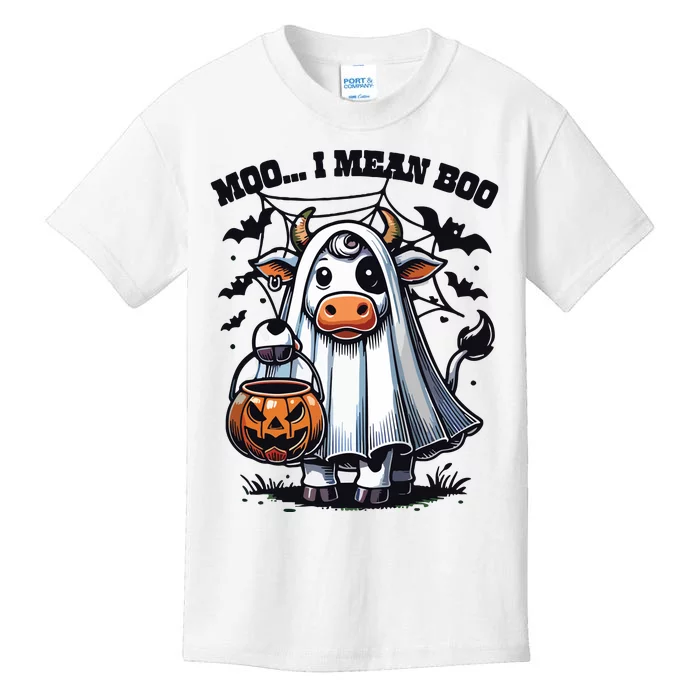 Moo I Mean Boo Witch Scottish Highland Cow Halloween Raglan Baseball Kids T-Shirt