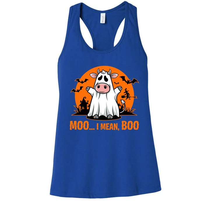 Moo I Mean Boo Funny Cow Halloween Costume Farmer Cow Cute Gift Women's Racerback Tank