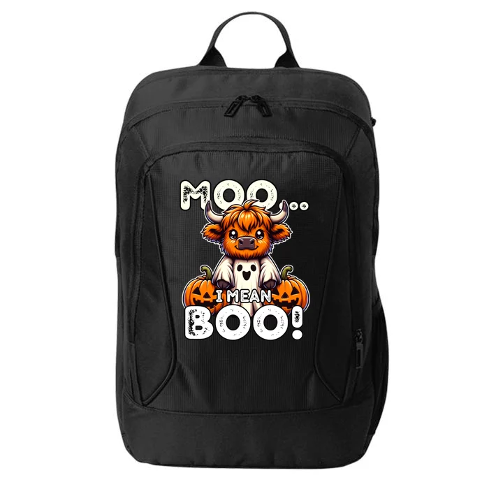 Moo I Mean Boo Funny Highland Cow Ghost Halloween Costume Cute Gift City Backpack