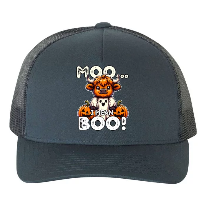 Moo I Mean Boo Funny Highland Cow Ghost Halloween Costume Cute Gift Yupoong Adult 5-Panel Trucker Hat