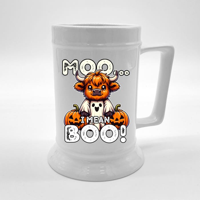 Moo I Mean Boo Funny Highland Cow Ghost Halloween Costume Cute Gift Front & Back Beer Stein