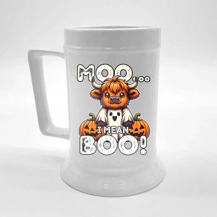 Moo I Mean Boo Funny Highland Cow Ghost Halloween Costume Cute Gift Front & Back Beer Stein