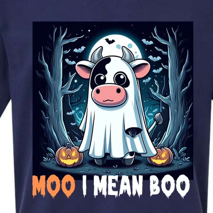 Moo I Mean Boo Ghost Cow Funny Halloween Lover Spooky Cow Cool Gift Sueded Cloud Jersey T-Shirt