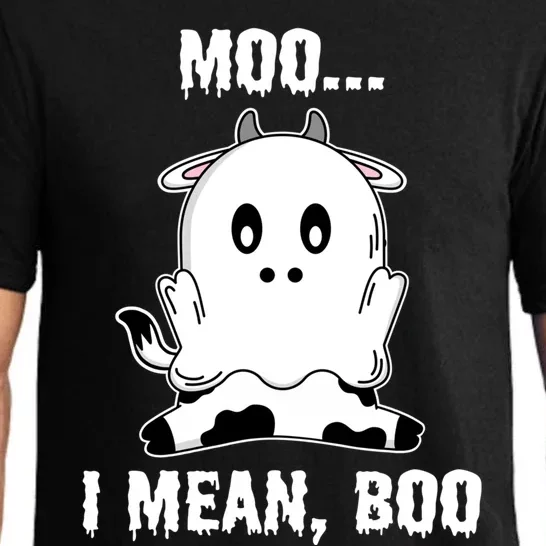 Moo I Mean Boo Funny Ghost Cow Print Halloween Gift Pajama Set