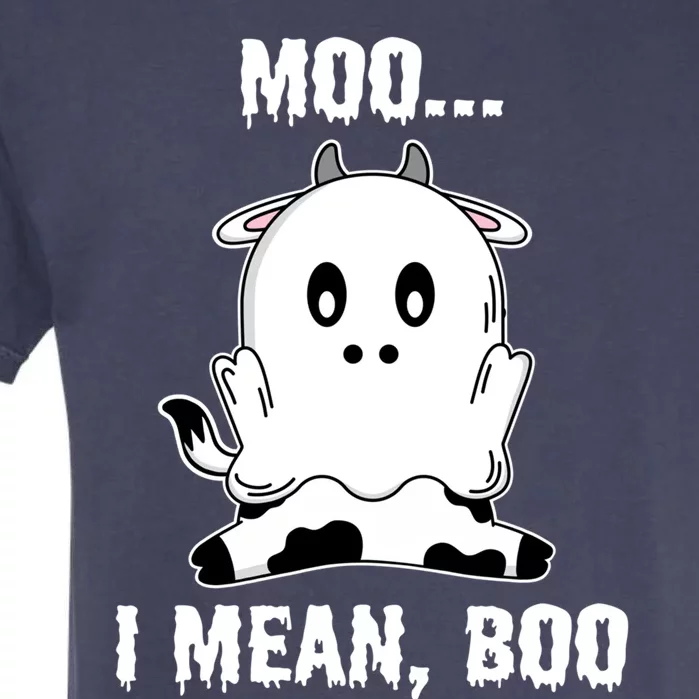 Moo I Mean Boo Funny Ghost Cow Print Halloween Gift Garment-Dyed Heavyweight T-Shirt