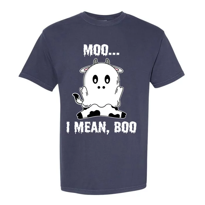 Moo I Mean Boo Funny Ghost Cow Print Halloween Gift Garment-Dyed Heavyweight T-Shirt