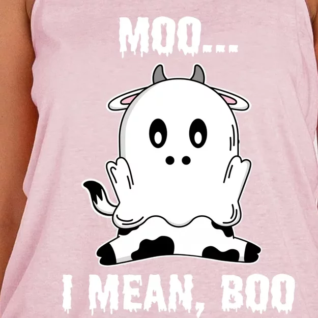 Moo I Mean Boo Funny Ghost Cow Print Halloween Gift Women's Knotted Racerback Tank