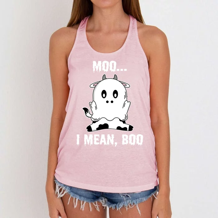 Moo I Mean Boo Funny Ghost Cow Print Halloween Gift Women's Knotted Racerback Tank