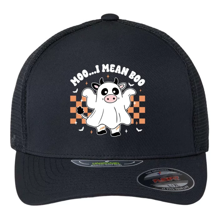 Moo I Mean Boo Retro Spooky Ghost Cow Funny Halloween Gift Flexfit Unipanel Trucker Cap