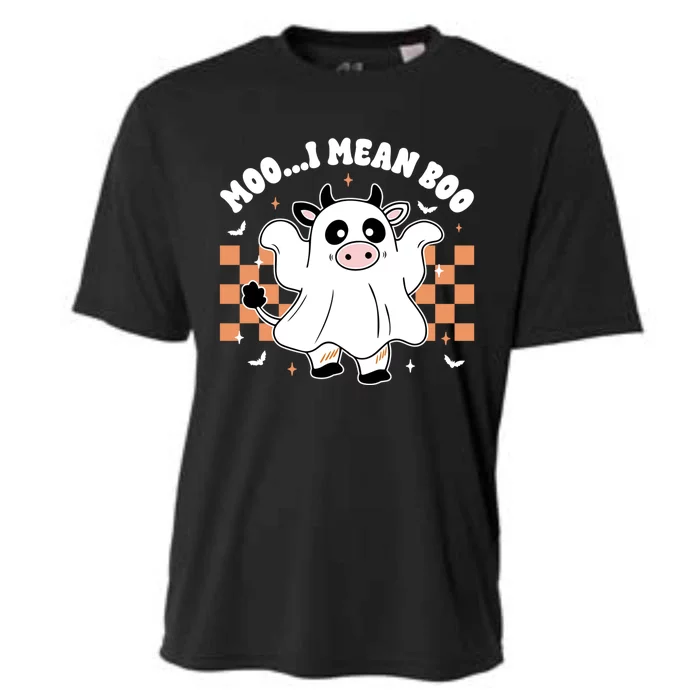 Moo I Mean Boo Retro Spooky Ghost Cow Funny Halloween Gift Cooling Performance Crew T-Shirt