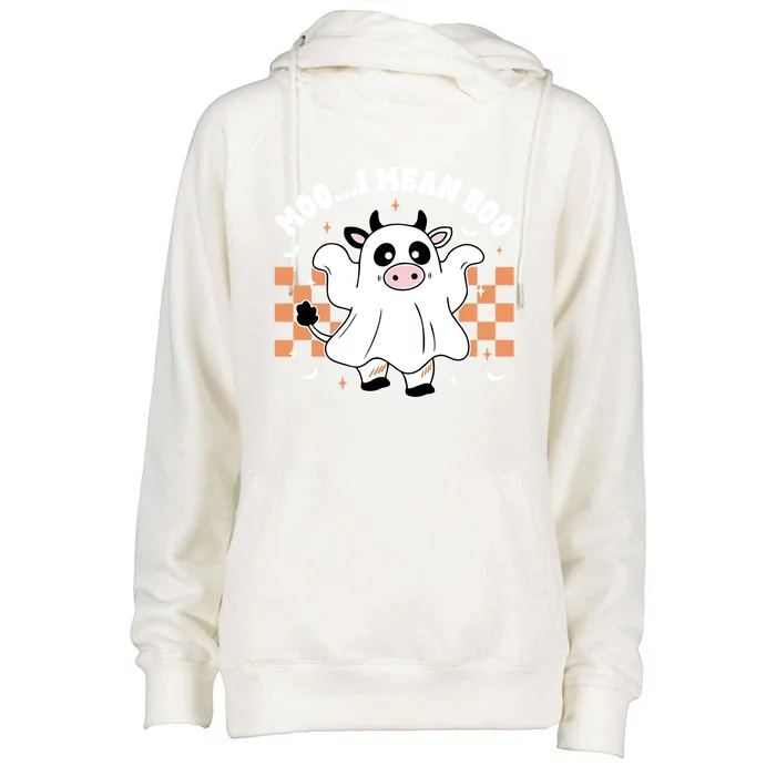 Moo I Mean Boo Retro Spooky Ghost Cow Funny Halloween Gift Womens Funnel Neck Pullover Hood