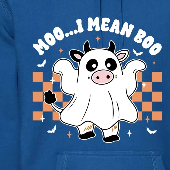 Moo I Mean Boo Retro Spooky Ghost Cow Funny Halloween Gift Premium Hoodie