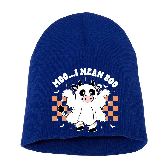 Moo I Mean Boo Retro Spooky Ghost Cow Funny Halloween Gift Short Acrylic Beanie