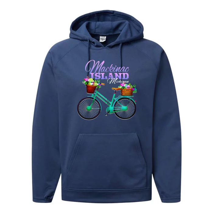 Mackinac Island Michigan Gift Vintage Bike Flowers Zip Hoodie Performance Fleece Hoodie