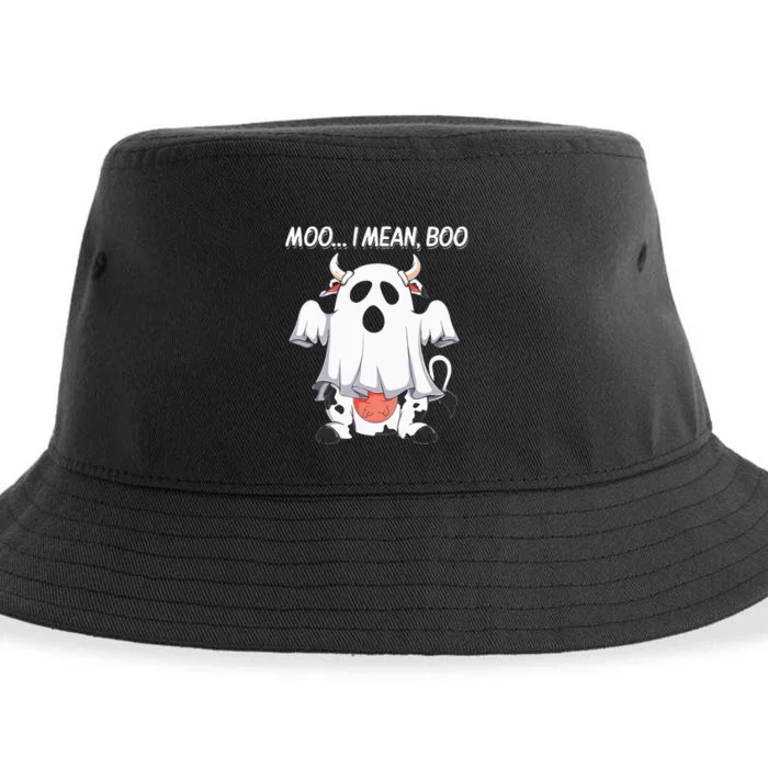 Moo I Mean Boo Ghost Cow Funny Halloween Sustainable Bucket Hat