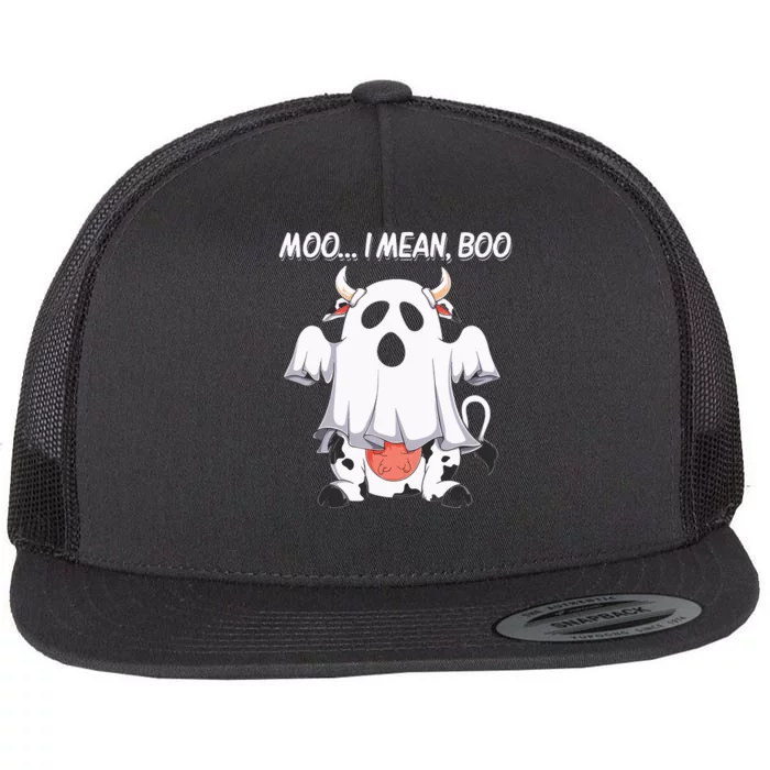 Moo I Mean Boo Ghost Cow Funny Halloween Flat Bill Trucker Hat