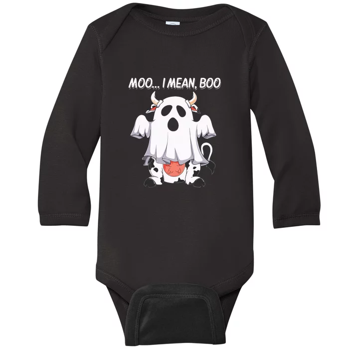 Moo I Mean Boo Ghost Cow Funny Halloween Baby Long Sleeve Bodysuit