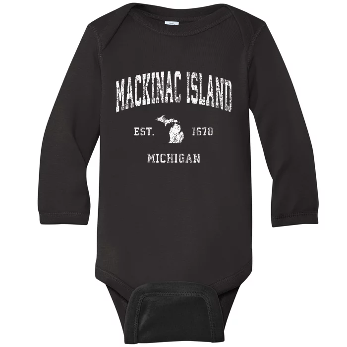 Mackinac Island Michigan MI Vintage Athletic Sports Design Baby Long Sleeve Bodysuit