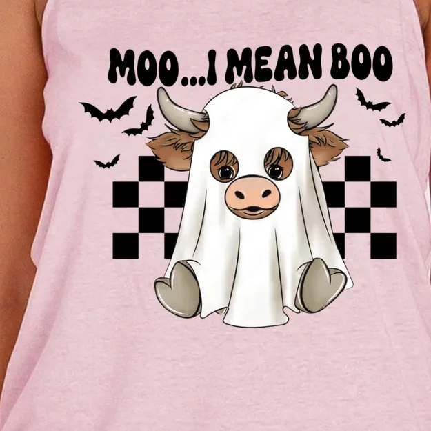 Moo I Mean Boo Highland Cow Halloween Cow Ghost Gift Women's Knotted Racerback Tank