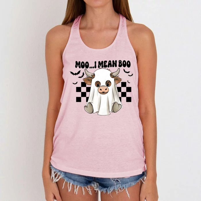 Moo I Mean Boo Highland Cow Halloween Cow Ghost Gift Women's Knotted Racerback Tank