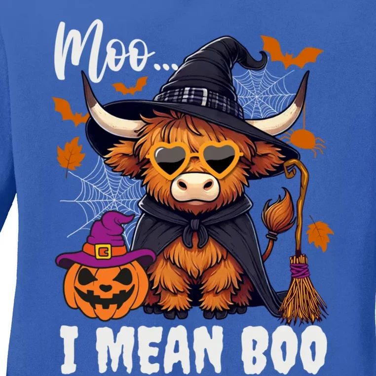 Moo I Mean Boo Witch Highland Cow Halloween Costume Cute Gift Ladies Long Sleeve Shirt