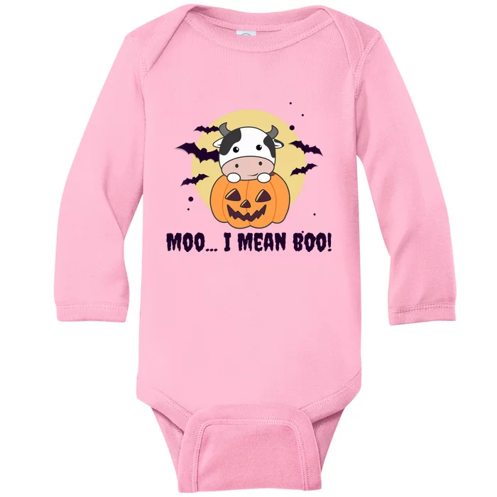 Moo I Mean Boo Cute Kawaii Halloween Cow Ghost Baby Long Sleeve Bodysuit