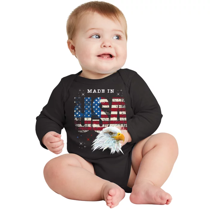 Made In Usa Patriotic American Flag Bald Eagle America Baby Long Sleeve Bodysuit