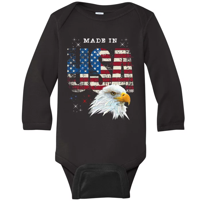 Made In Usa Patriotic American Flag Bald Eagle America Baby Long Sleeve Bodysuit