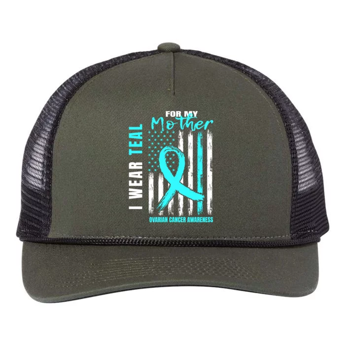 Mother I Wear Teal For My Mom Ovarian Cancer Awareness Flag Cool Gift Retro Rope Trucker Hat Cap