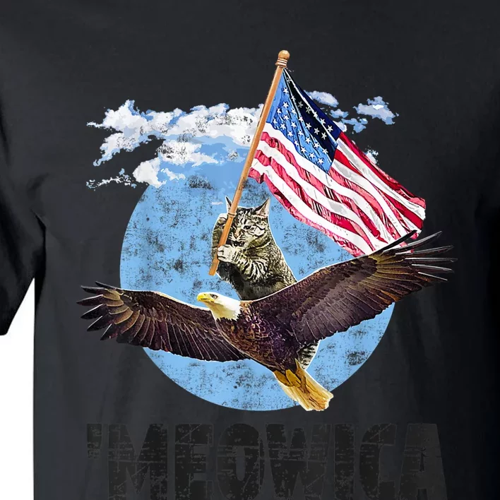 Meowica July 4h Funny Cat Bald Eagle American Flag Tall T-Shirt