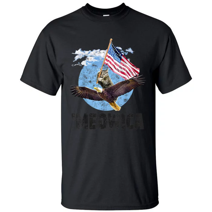 Meowica July 4h Funny Cat Bald Eagle American Flag Tall T-Shirt