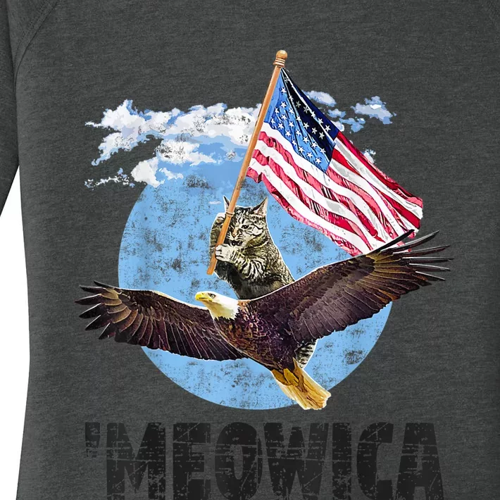 Meowica July 4h Funny Cat Bald Eagle American Flag Women's Perfect Tri Tunic Long Sleeve Shirt