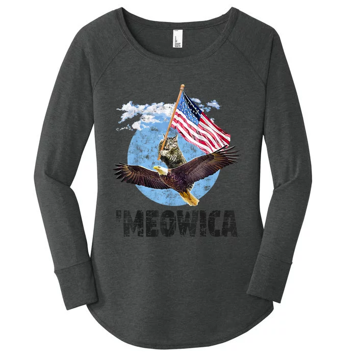 Meowica July 4h Funny Cat Bald Eagle American Flag Women's Perfect Tri Tunic Long Sleeve Shirt