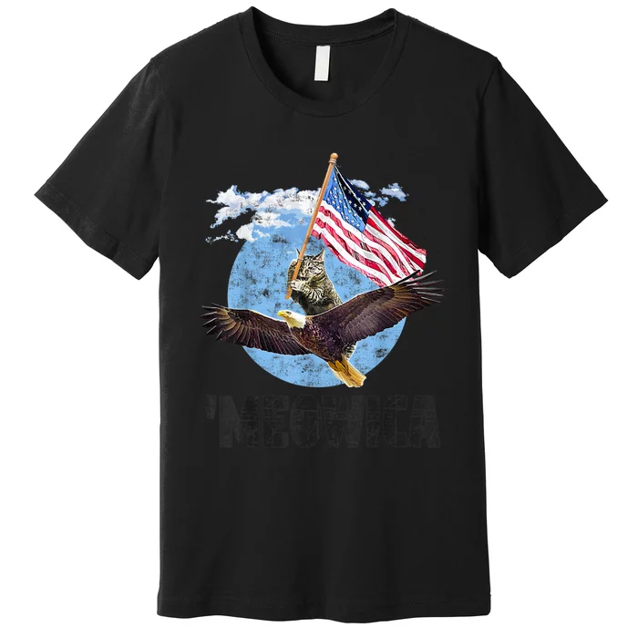 Meowica July 4h Funny Cat Bald Eagle American Flag Premium T-Shirt