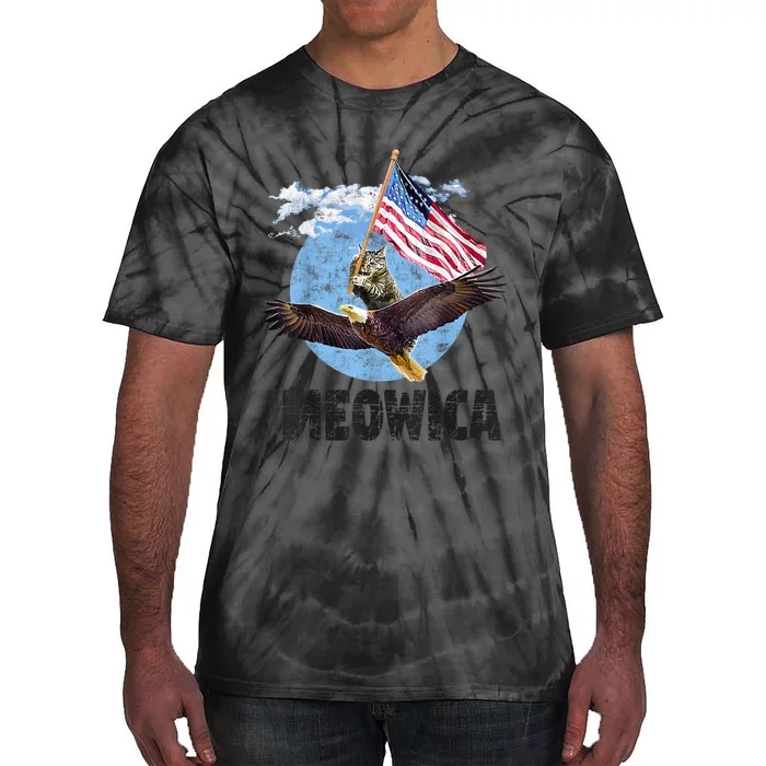 Meowica July 4h Funny Cat Bald Eagle American Flag Tie-Dye T-Shirt