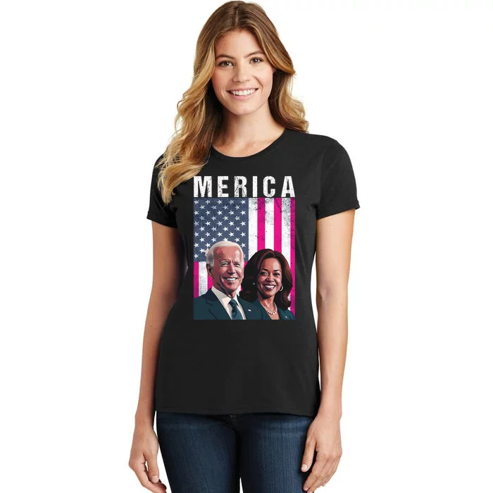 Merica Joe Biden Kamala Harris With American Flag Patriotic Women's T-Shirt