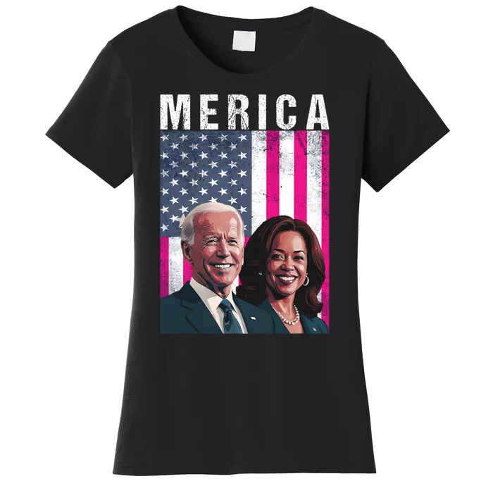 Merica Joe Biden Kamala Harris With American Flag Patriotic Women's T-Shirt