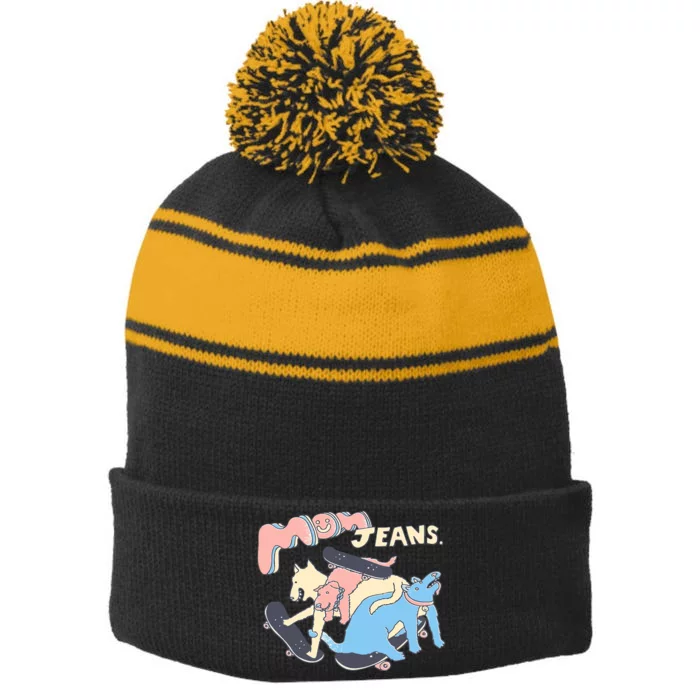 Mom Jeans Band Puppy Love Classic Premium Stripe Pom Pom Beanie