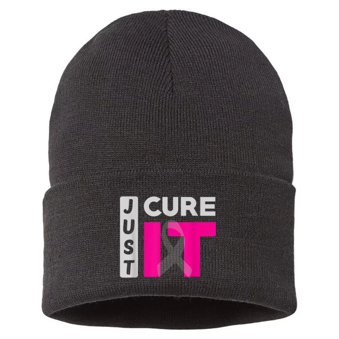 Motivation Just Cure It Ribbon Breast Cancer Awareness Sustainable Knit Beanie