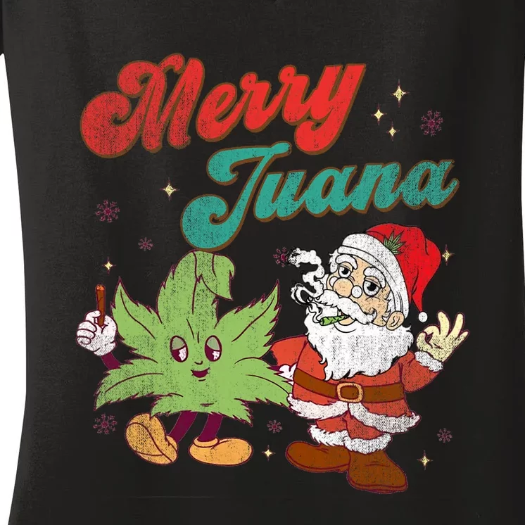 Merry Juana Christmas Funny Santa Smoking Weed Stoner Outfit Women's V-Neck T-Shirt