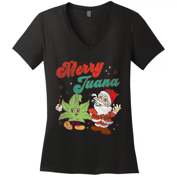 Merry Juana Christmas Funny Santa Smoking Weed Stoner Outfit Women's V-Neck T-Shirt