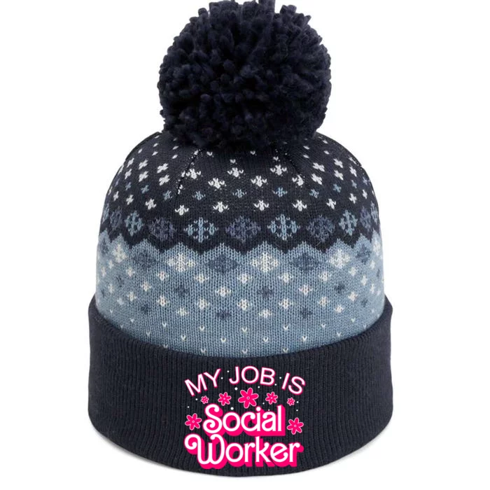 My Job Is Social Worker Pink Retro School Social Worker The Baniff Cuffed Pom Beanie