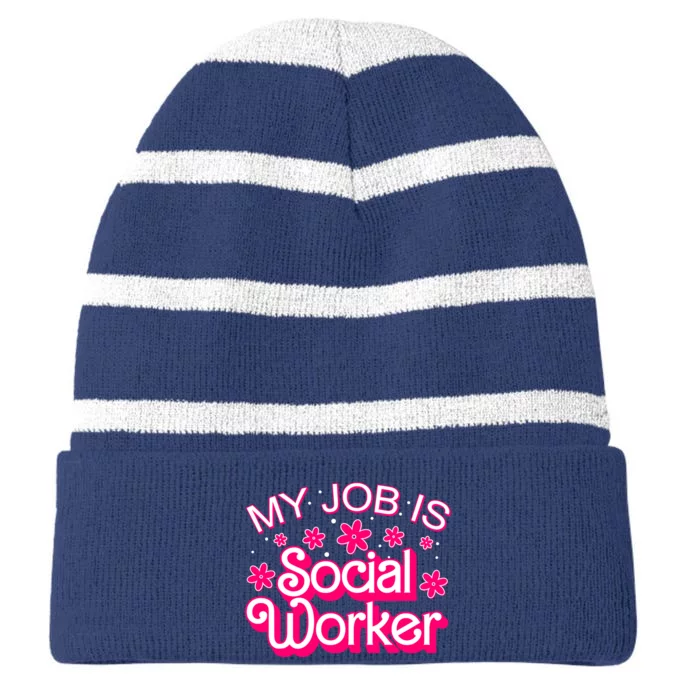 My Job Is Social Worker Pink Retro School Social Worker Striped Beanie with Solid Band