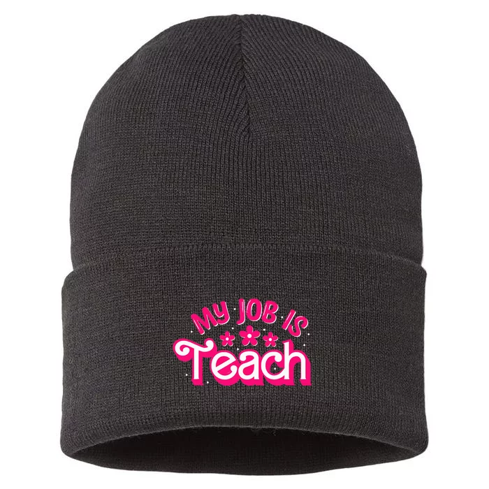 My Job Is Teach Funny Pink Retro Teacher Life Sustainable Knit Beanie